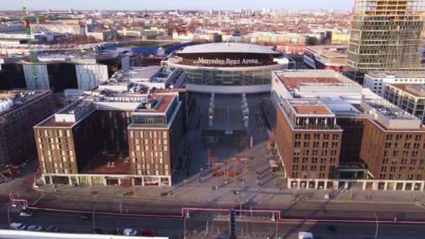 Mercedes Benz Arena in Berlin - air view - CITY of BERLIN, GERMANY - MARCH 10, 2021 — стокове відео