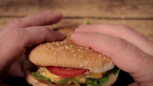 In der Hand einen frisch gegrillten Heeseburger - fertig zum Essen — Stockvideo