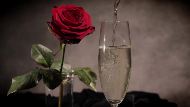 Игристое вино и красные розы крупным планом — стоковое видео