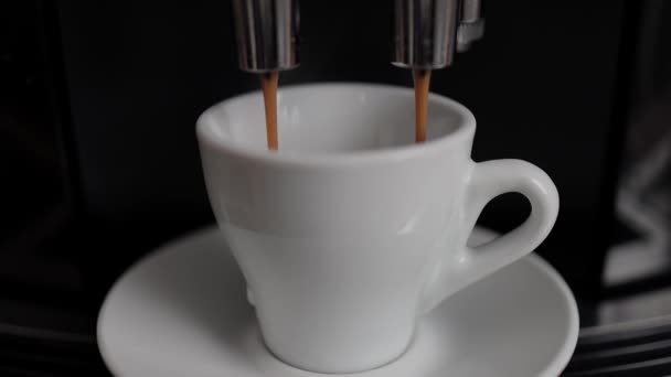 Kopi secara rinci Espresso mengalir ke dalam cangkir — Stok Video