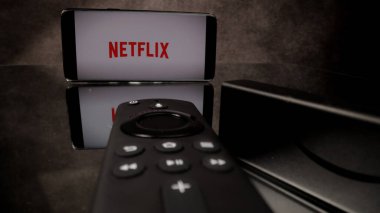 Netflix at Amazon Fire TV Stick 4k in close-up - CITY of FRANKFURT, GERMANY - 29 Mart 2021