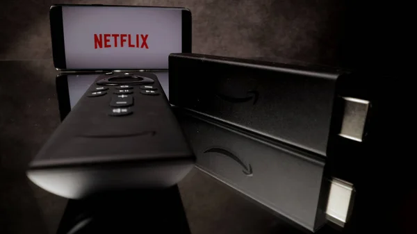 Netflix at Amazon Fire TV Stick 4k in close-up - CITY of FRANKFURT, GERMANY - 29 Mart 2021