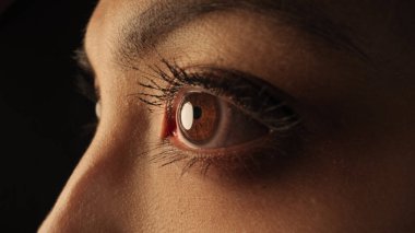 Son derece yakın planda genç ve güzel bir kadının gözleri.