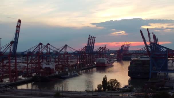 Port w Hamburgu w godzinach wieczornych w tylnym świetle — Wideo stockowe