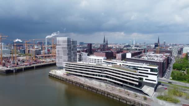 Modern buildings in the Harbour City district in Hamburg at the port - aerial view — Stock Video