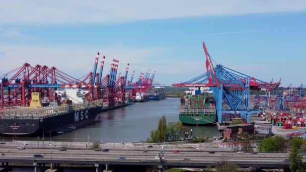 Hamburg Limanı 'ndaki konteyner terminali - HAMBURG, Almanya - 10 Mayıs 2021 — Stok video