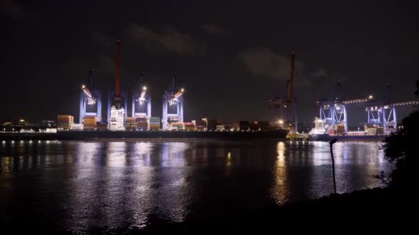 Container Terminal Altenwerder Hamnen Hamburg Natten Fotografi — Stockvideo