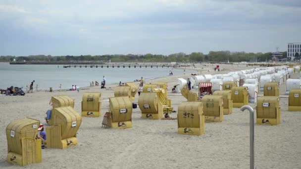 Strandkorgar Vid Östersjön Berömda Travemunde Stranden Tyskland Fotografi — Stockvideo