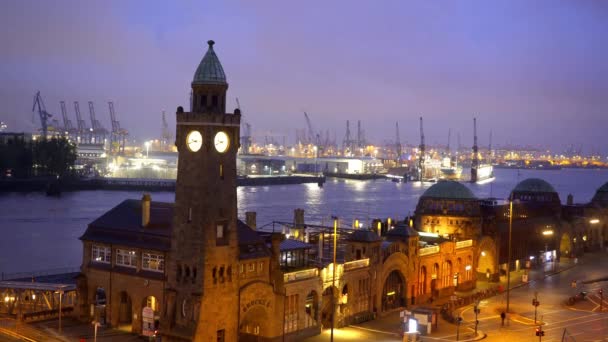 Famoso Pauli Landungsbruecken Puerto Hamburgo Increíble Vista Nocturna Hamburg Alemania — Vídeos de Stock