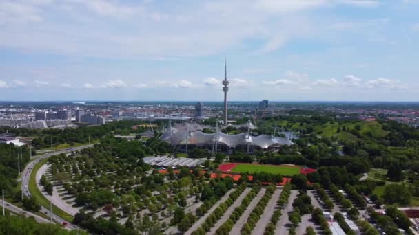 Олімпійський Стадіон Мюнхені Олімпійський Парк Аерофотозйомка Повітря Munich Germany June — стокове відео