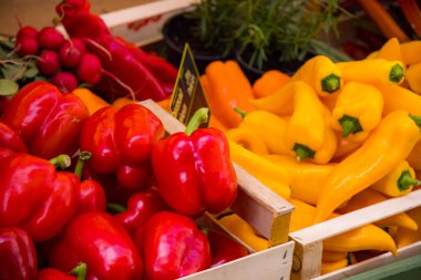 Piyasada taze biber ve biber. Şehir fotoğrafçılığı.