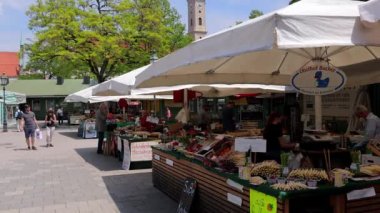 Münih 'teki ünlü pazar meydanı Viktualienmarkt in the city of MUNICH, Almanya - 3 Haziran 2021