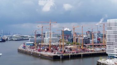 Major construction sites in the modern and fast growing city of Hamburg - aerial view