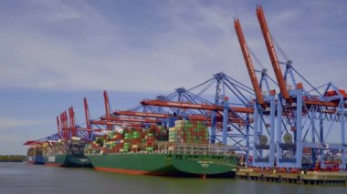 Hamburg limanında büyük yükleme vinçleri - HAMBURG Şehri, GERMANY - 10 Mayıs 2021