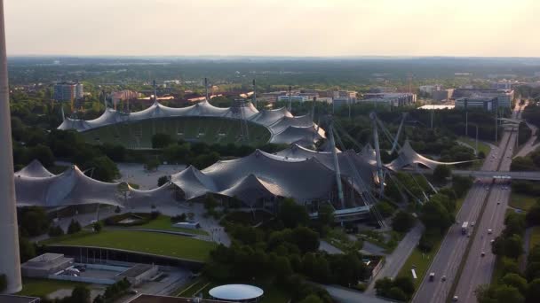Олімпійський Стадіон Мюнхені Олімпійський Парк Аерофотозйомка Повітря Munich Germany June — стокове відео