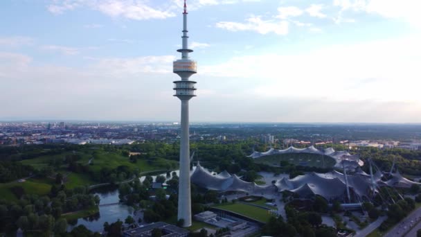 Tower Olympic Park München Légi Felvétel Drónfotózás Munich Németország Június — Stock videók