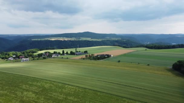 Lot Nad Łąkami Krajobrazami Dramatycznym Niebem Zdjęcia Lotnicze — Wideo stockowe