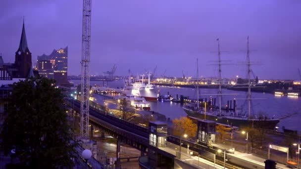 Beautiful Port Hamburg Night Travel Photography — Stock Video