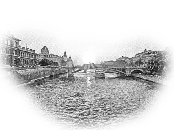 Maravilhoso Pôr Sol Sobre Rio Sena Paris Ilustração Rua Paris — Fotografia de Stock