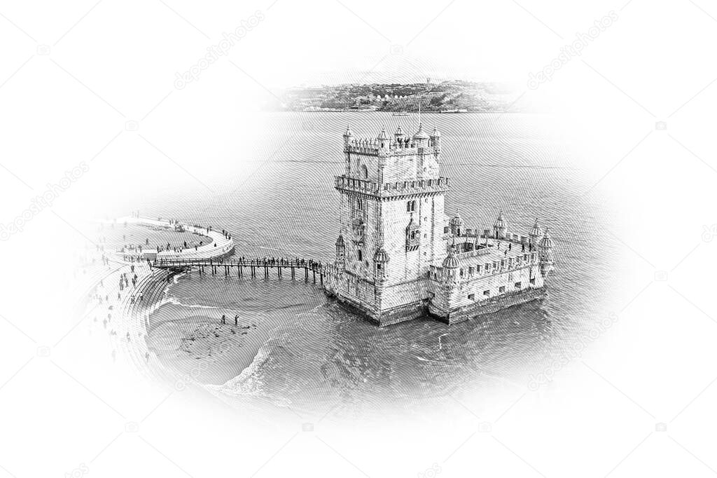 Most important landmark in Lisbon . The Tower of Belem from above - aerial drone footage