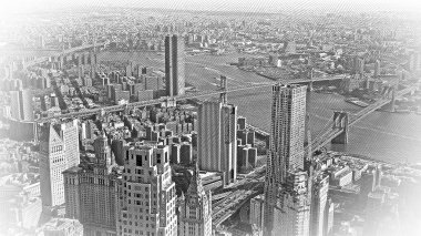 Manhattan New York üzerinde geniş açılı hava manzarası