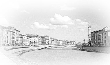 Pisa şehrinde Arno Nehri harika bir günde, Toskana İtalya