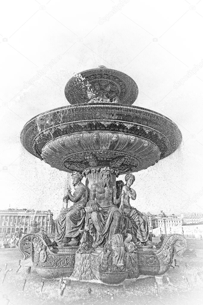 The beautiful Concorde Square in Paris - the famous fountain at obelisk called Fontaine des Fleuves