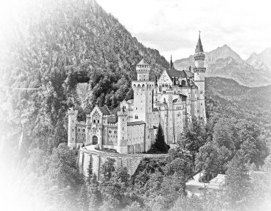 Bavyera Almanya 'daki ünlü Neuschwanstein Şatosu - hava illüstrasyonu