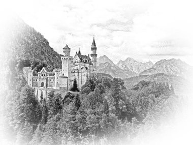 Bavyera Almanya 'daki ünlü Neuschwanstein Şatosu - hava illüstrasyonu