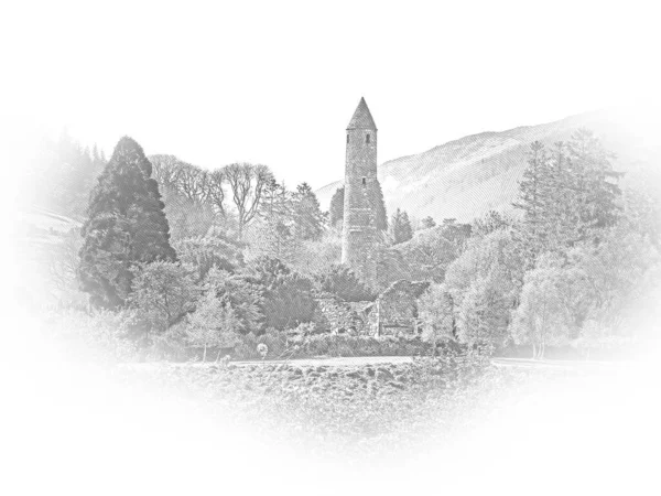 Słynny Starożytny Klasztor Glendalough Górach Wicklow Irlandii Ilustracja Podróży — Zdjęcie stockowe
