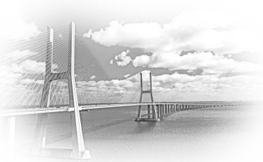 Lizbon 'daki Vasco da Gama Köprüsü şehrin ünlü bir simgesidir. Hava aracı görüntüleri.