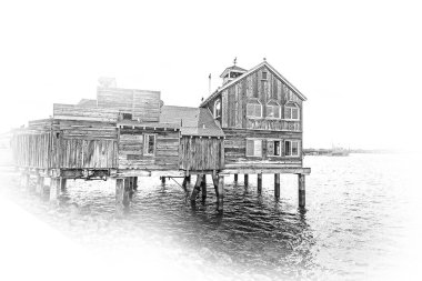 San Diego Liman Köyü 'nün okyanus kıyısındaki eski ahşap ev.