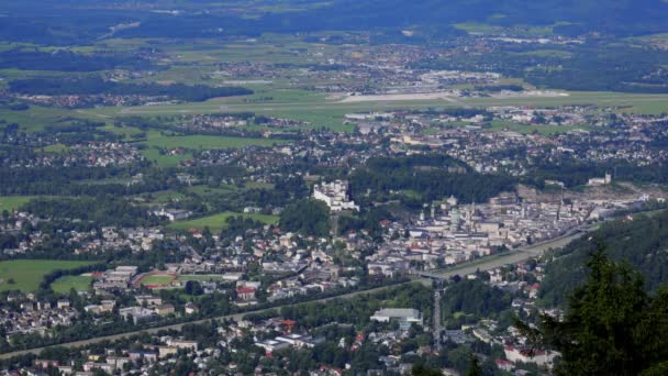 Aerial view over the city of Salzburg and the fortress — 图库视频影像