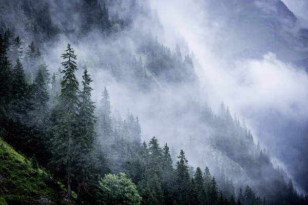 Dia Chuvoso Nos Alpes Austríacos Com Nuvens Profundas Nevoeiro Fotografia — Fotografia de Stock