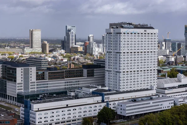 ROTTERDAM, NETHERLANDS - 13 Eylül 2025 Erasmus MC bulutlu gökyüzünün altındaki Rotterdam siluetine hakim. ROTTERDAM, NETHERLANDS - 13 Eylül 2025 -