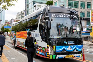 BUSAN, Güney Kore - 9 EKİM 2025 - Busan Şehir Tur otobüsü yayalar ve kentsel binalarla bir caddede ilerliyor