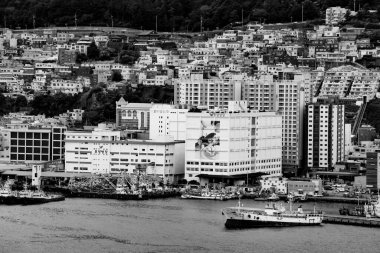 BUSAN, GÜNEY KOREA - 9 Ekim 2025 - Balıkçı tekneleri, modern binaları ve siyah beyaz tepe kenarındaki evleri olan Busan şehir limanı