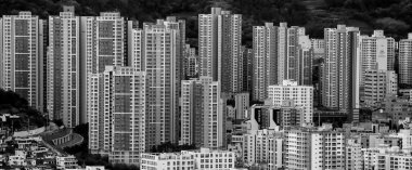 BUSAN, GÜNEY KOREA - 9 Ekim 2025 - Busan şehir manzarası siyah-beyaz yüksek binaların yoğun bir dizi sunar