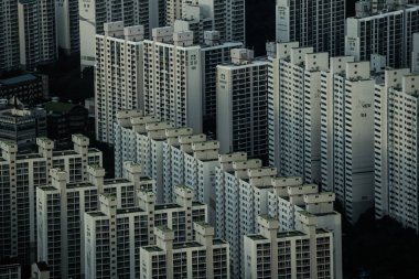 BUSAN, Güney Kore - 9 Ekim 2025 - Busan, Güney Kore 'de yoğun bir kentsel manzara oluşturan modern yüksek binalar kümeleri