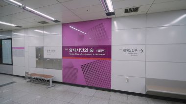 SEOUL, Güney Kore - 11 Ekim 2025 - Seul metro istasyonu duvarı Yangjae Vatandaş Ormanı 'nın varış noktası işaretleriyle