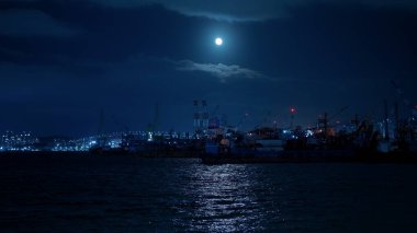 BUSAN, Güney Kore - 10 Ekim 2025 Busan limanı dolunay altında endüstriyel vinçler ve şehir ışıklarıyla parlıyor