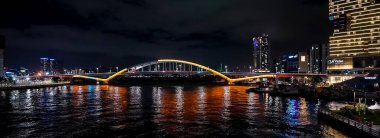 BUSAN, Güney Kore - 10 Ekim 2025 - Busan şehir manzarası Gwangan Köprüsü ile suya yansıyan ışıklar