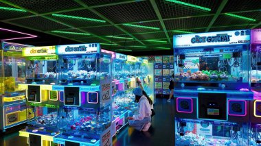 SEOUL, Güney Kore - 11 Ekim 2025 Seul 'deki parlak ışıklı bir atari salonunda şansını deneyen genç bir kadın