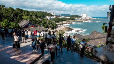 BUSAN, Güney Kore - 10 EKİM 2025 Busan kıyılarında Budist tapınağını ziyaret eden turistler