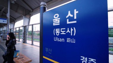 ULSAN, GÜNEY KORE - 10 EKİM. 2025 - Ulsan İstasyonu platformunda durmakta olan bir kadın varış noktasında tren bekliyor.