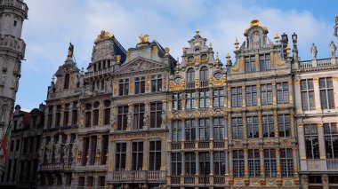 BRÜKSEL, BELGIUM - 26 Kasım 2025 - Mavi gökyüzü altında ayrıntılı mimari ve altın süslerin yer aldığı Grand Place loncaları