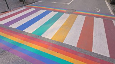 BRÜKSEL, BELGIUM - 26 Kasım 2025 - Brüksel 'de asfalt yolda LGBT eşitliği ve çeşitliliği teşvik eden gökkuşağı renkli yaya geçidi