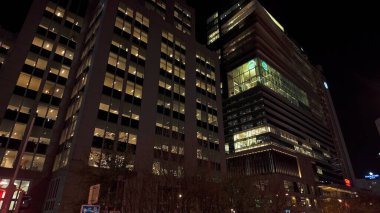 BRÜKSEL, BELGIUM - 26 Kasım 2025 - Brüksel 'de karanlık bir gece gökyüzüne karşı ışıklarla parlayan ofis binaları