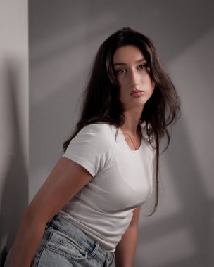 Beyaz bir bluz ve gölgeli gri bir duvara poz veren güzel esmer bir kadının stüdyo portresi. Bu görüntü moda güzelliği ve yaşam tarzı projeleri için uygundur..