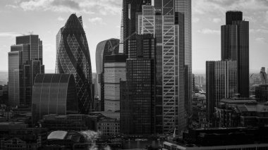 LONDON, UK - 7 Ocak 2026 - Londra şehrinin modern mimarisi gökdelenlerin monokrom içinde yer aldığı gökdelenler
